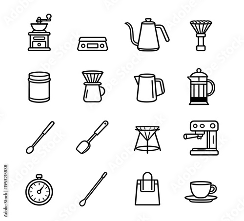 Coffee Brewing Equipment and Barista Tool Icon Set featuring Grinder Kettle French Press Espresso Machine and Cup for Cafe Beverage Culture