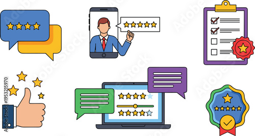  Customer review and rating icons set with feedback stars testimonial badge approval and satisfaction vector illustration collection