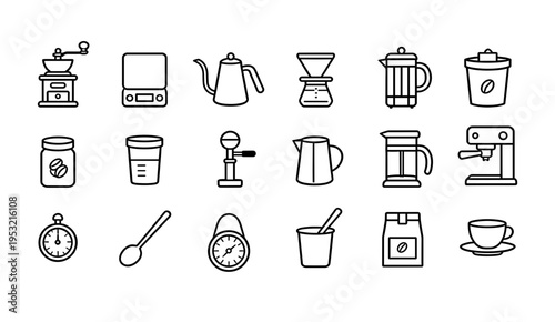 Barista coffee brewing equipment line icons set containing manual grinder kettle dripper french press scale timer espresso machine and cup