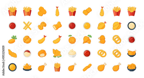 Fried food icon set with french fries, chicken nuggets, shrimp tempura, onion rings and dipping sauces isolated on white background
