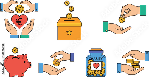  Donation and charity icons set with helping hands money coins piggy bank and fundraising box vector illustration collection