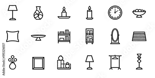 Minimalist Home Decor and Interior Furniture Line Icons Set Including Lamps Vases Clocks Mirrors and Shelving Units for Modern House Design
