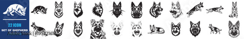 Set of 20 German Shepherd Dog Icons Vector Collection with Various Poses and Headshots in Black and White for Pet-Related Designs