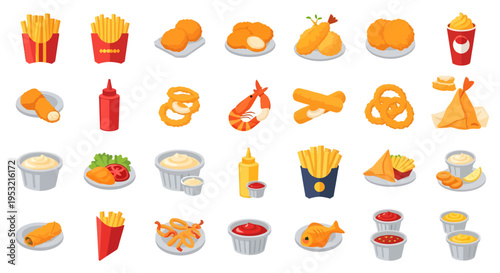 Fried food and snacks collection with french fries, onion rings, tempura shrimp, spring rolls, nuggets and assorted dipping sauces isolated on white background