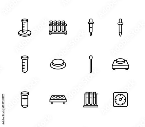 Laboratory Glassware and Medical Science Equipment Icons Collection with Test Tubes Pipettes Scales and Petri Dish for Chemistry and Biology Research