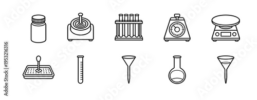 Laboratory equipment icons set featuring scientific glassware test tubes scales and medical containers for chemistry and biology research experiments