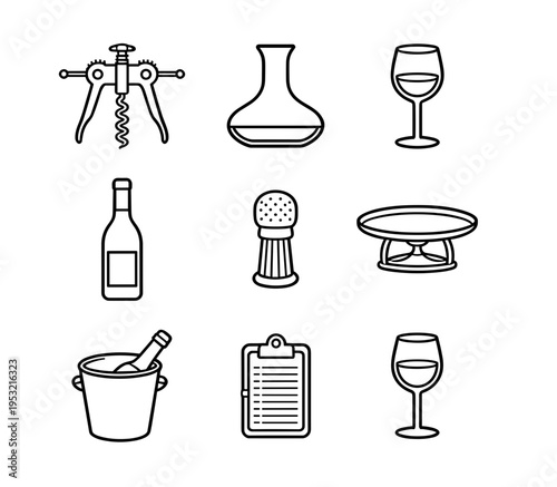 Wine tasting and sommelier tools icons set featuring corkscrew decanter glasses ice bucket and menu clipboard for restaurant and bar services