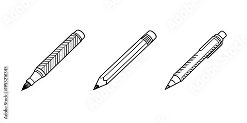 Set of minimalist flat vector line art icons featuring professional fountain pen graphite pencil and mechanical drawing tool for creative design