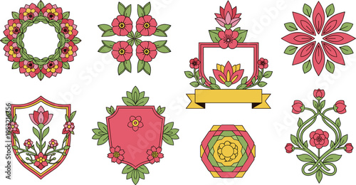  Floral decorative badges and frames set with flowers wreath shield ribbon and ornamental elements colorful vector illustration collection