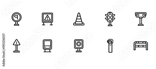 Urban traffic safety and road sign icons featuring parking signal warning barrier traffic light and security camera in minimalist line art style