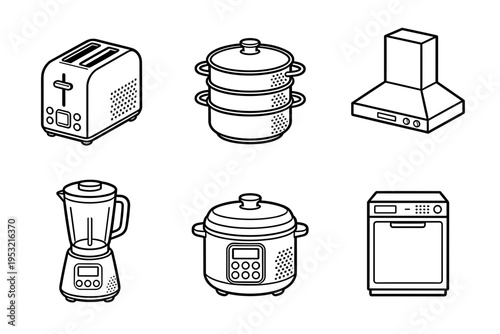 Modern kitchen appliances icons set featuring toaster steamer range hood blender rice cooker and dishwasher for home interior and cooking themes