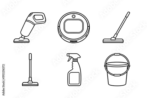 Collection of household cleaning equipment icons including robot vacuum cleaner handheld spray bottle plastic bucket and floor mop in line art style