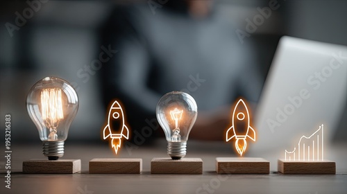 A creative workspace with lightbulbs and innovative startup concepts