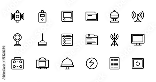 Technology and communication icon set including antenna monitor folder bell power switch and control interface in modern flat line art design