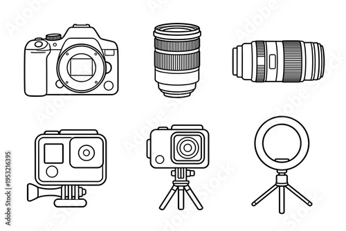 Professional digital photography equipment set with DSLR camera bodies lenses action cam tripod and ring light for content creation flat icons