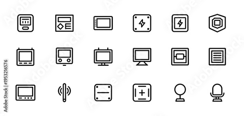 Technical interface and electronic control system line icons collection featuring power indicators battery levels microphones and digital display screens for tech