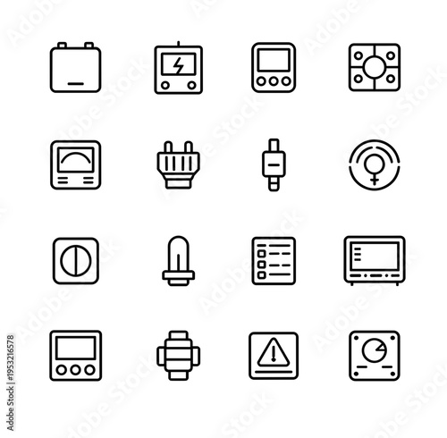 Industrial electrical components and power system icons set including plugs voltage meters switches light bulbs and hazard warning symbols for engineering design