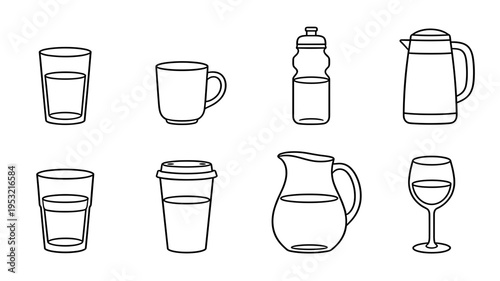Set of minimalist linear vector icons featuring various drinkware such as water glasses coffee mugs reusable bottles pitchers and wine glasses for web and app UI