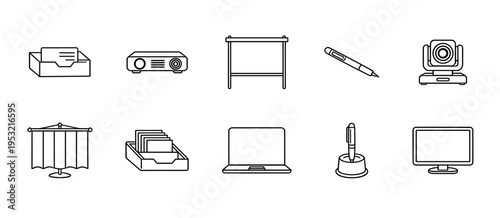 Modern office equipment and presentation tools line icons collection featuring laptops projectors whiteboards file boxes and digital cameras for business workspace