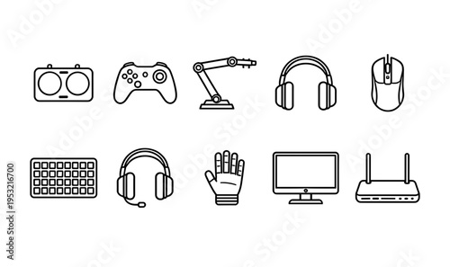 Professional gaming and computing peripheral line icons set including gamepad controller robotic arm VR glove router monitor and headphones