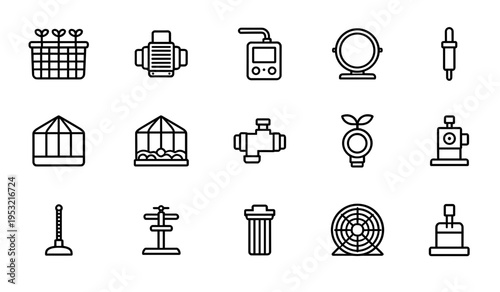 Industrial water filtration and garden irrigation system icons featuring greenhouse modules water filters pumps and pressure valves equipment