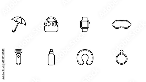 Personal lifestyle and travel items set including umbrella headphones smartwatch eye mask shaver spray bottle and neck pillow in minimalist line art style.