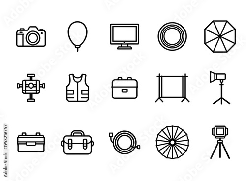 Professional photography equipment set featuring camera studio lighting backdrop tripod and gear bags in minimalist line art illustration isolated on white.