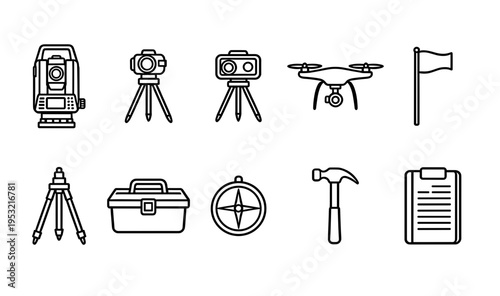 Professional surveying equipment and construction tool icon set with theodolite tripod drone toolbox and compass in clean minimalist black line art vector style