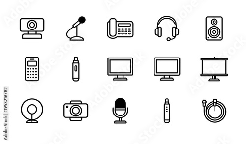 Multimedia and office communication technology icon collection featuring webcam microphone speaker monitor and projector in minimalist black line art vector style