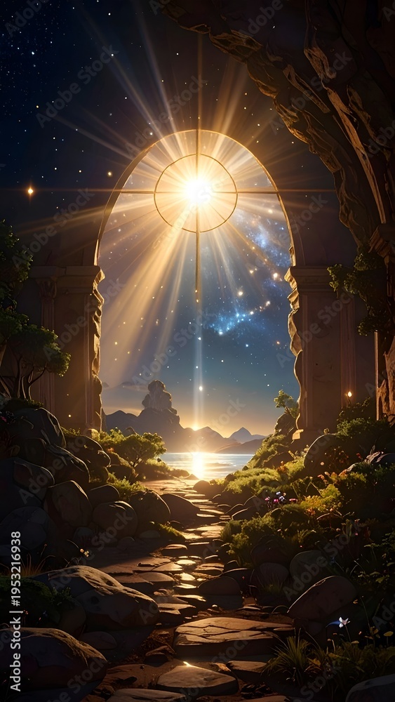 Fototapeta premium A stone archway frames a brilliant sunburst over a scenic landscape