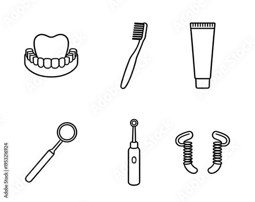 Dental care and oral hygiene icons collection featuring tooth, toothbrush, toothpaste, dental mirror, and orthodontic tools in minimalist linear style