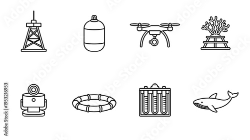 Marine and maritime equipment icons collection including signal tower buoy drone with camera coral structure water testing device lifebuoy and whale silhouette