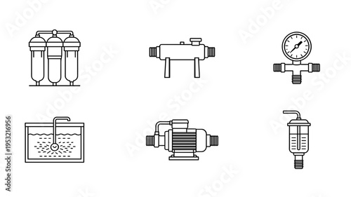 Industrial water filtration and pumping system components set with mechanical filters pressure gauges fluid tanks and electric motor pumps in technical line art