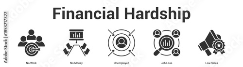 Financial Hardship web banner icon set vector illustration concept for business with icon of No Work, No Money, Unemployed, Job Lo.