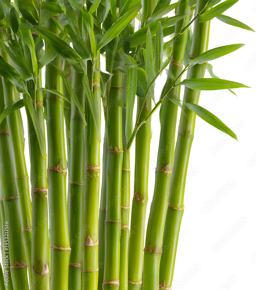 Fototapeta premium Green bamboo stalks with leaves for sustainable wood, isolated cutout