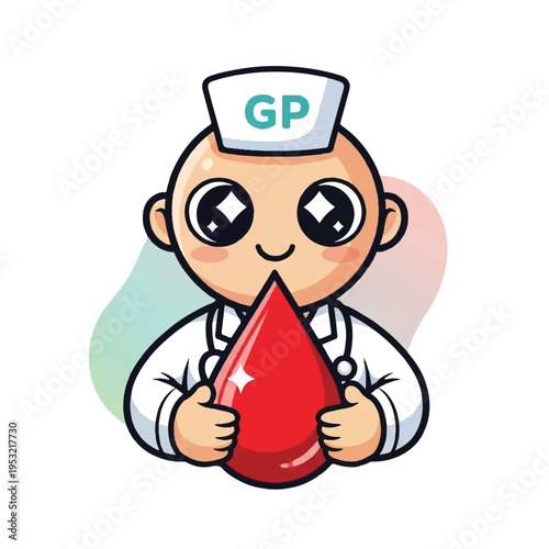 A cartoon character in a white lab coat and hat holding a red cone. Perfect for medical, educational, and informational graphics.