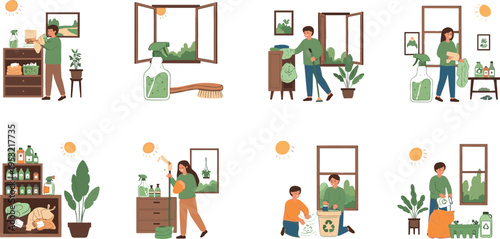 Home Gardening and Indoor Plant Care Illustrations Set with Watering, Repotting, Pruning, and Eco Friendly Houseplant Activities in Cozy Lifestyle Vector Style