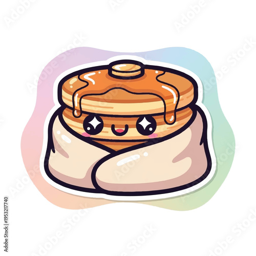 A digital illustration of a smiling stack of pancakes wrapped in a napkin with colorful background. Perfect for food blogs, breakfast menus, and restaurant advertisements.