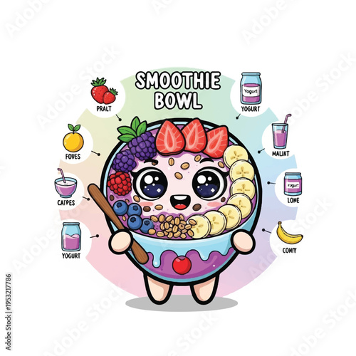 A cartoon character holding a spoonful of colorful smoothie bowl with various fruits and toppings, presented in a vibrant digital illustration with pastel background. Perfect for food