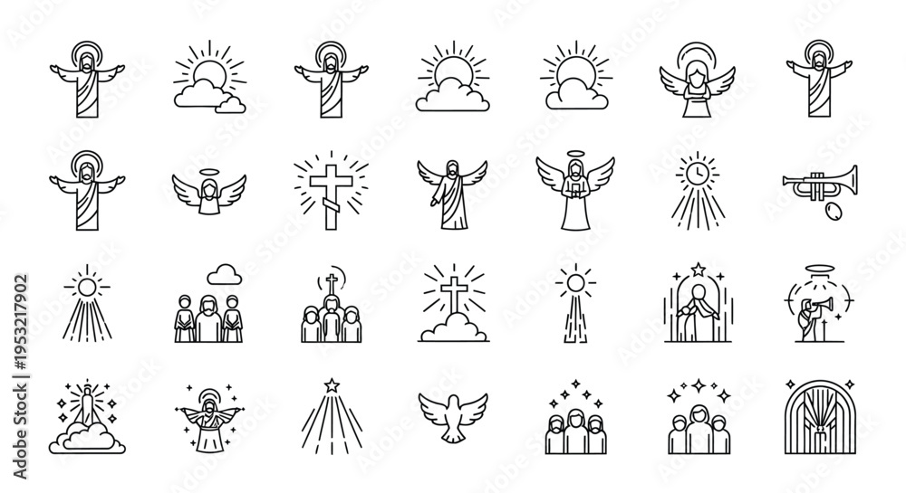 Obraz premium A collection of minimalist line art icons depicting various Christian and religious symbols, including Jesus, angels, crosses, churches, and divine light.