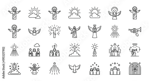 A collection of minimalist line art icons depicting various Christian and religious symbols, including Jesus, angels, crosses, churches, and divine light.