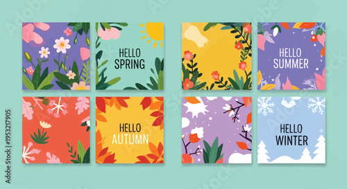 A set of eight colorful square cards illustrating the four seasons (spring, summer, autumn, winter) with floral and natural elements, some featuring "Hello Season" text.