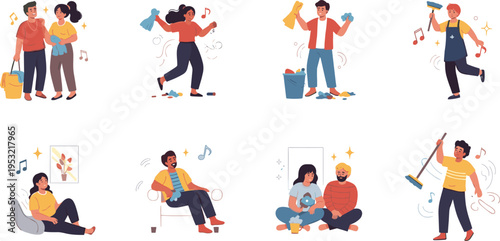 Happy People Cleaning and Relaxing at Home Illustrations Set with Music, Dancing, Housework, Leisure Activities, and Cozy Lifestyle Moments in Flat Vector Style