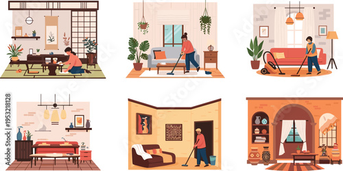 Home Cleaning Interior Scenes Set with Living Room, Kitchen, and Cozy Spaces, People Vacuuming, Tidying, and Maintaining Clean House Environment