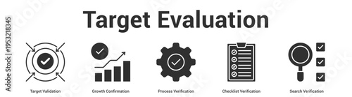 Target Evaluation web banner icon set vector illustration concept for business with icon of Target Validation, Growth Confirmation, Process Verification, Checklist Verificati.