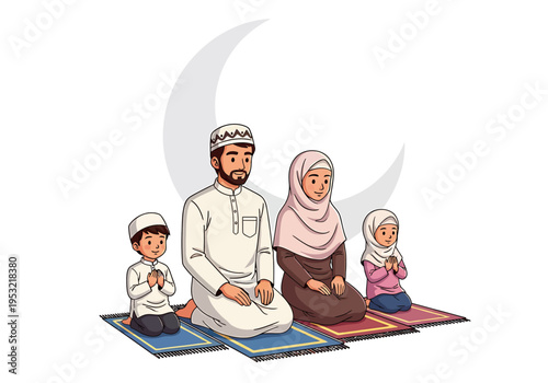 Muslim family praying together on colorful mats at home with crescent moon
