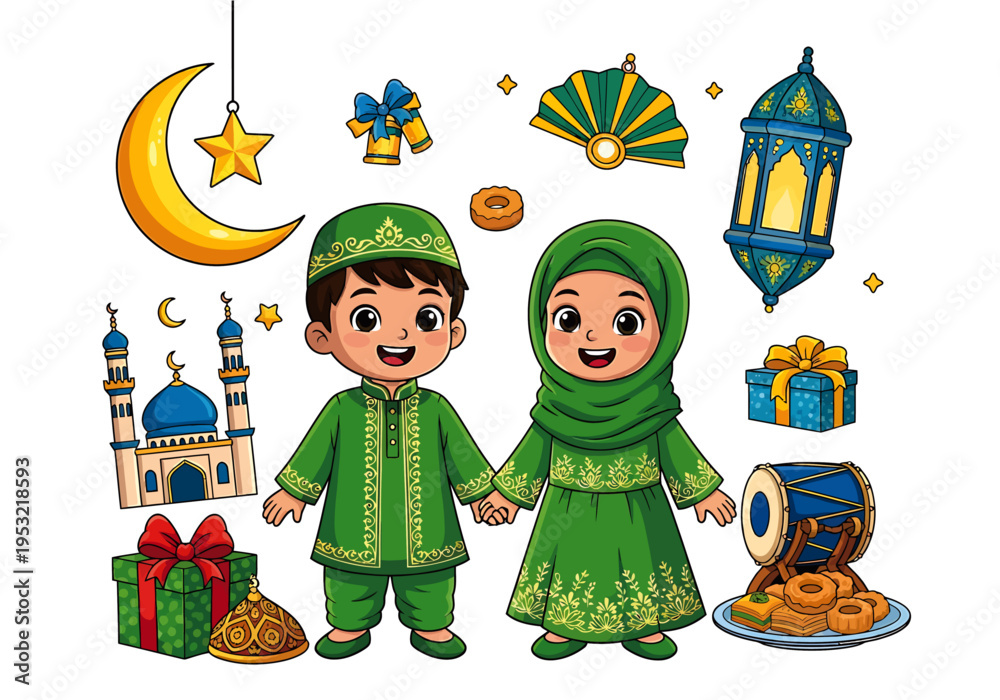 Fototapeta premium Ramadan Kareem festive illustration of children in traditional green attire surrounded by symbols