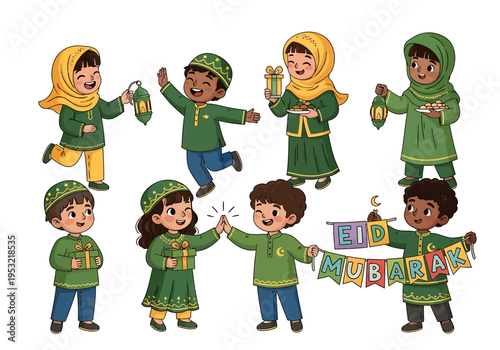 Diverse children celebrating Eid al Fitr with traditional clothes and decorations
