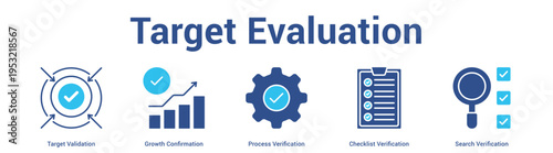 Target Evaluation web banner icon set vector illustration concept for business with icon of Target Validation, Growth Confirmation, Process Verification, Checklist Verificati.