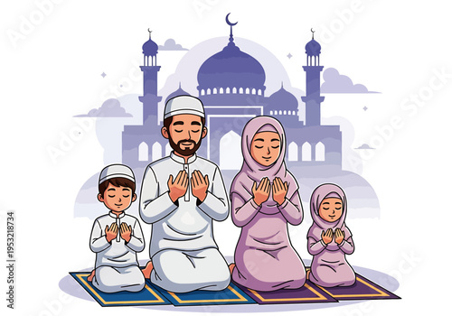 Muslim family praying together on colorful mats in front of mosque